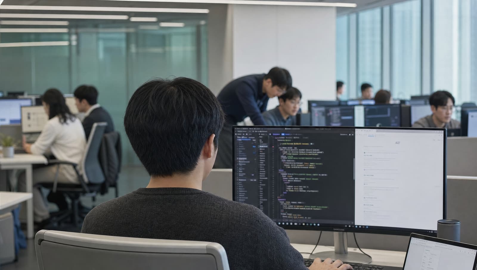 개발자들이 각자 모니터 앞에서 작업 중인 사무실 전경